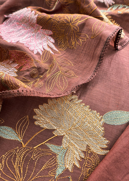 Brown Handloom Mulmul Unstitched With Cross Stitched Embroidery