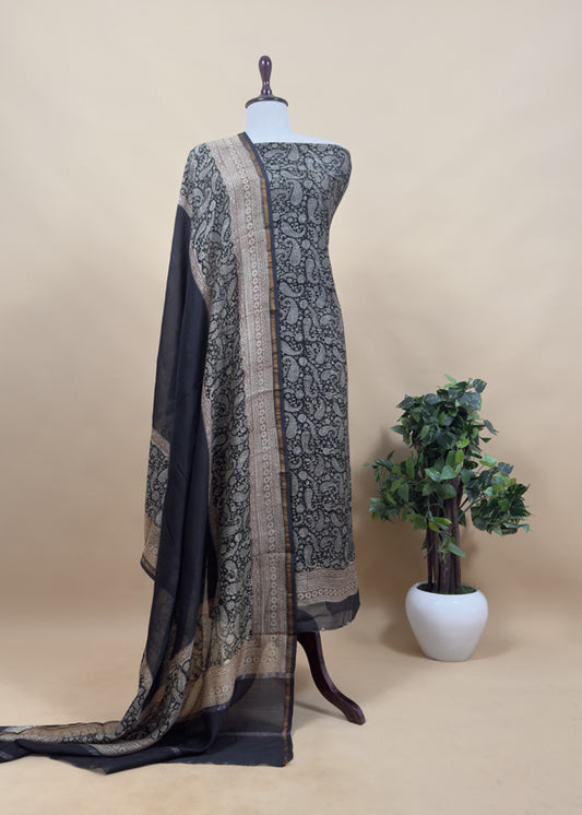 Black Paisley Block Print Pure Maheshwari Silk Unstitched Suit
