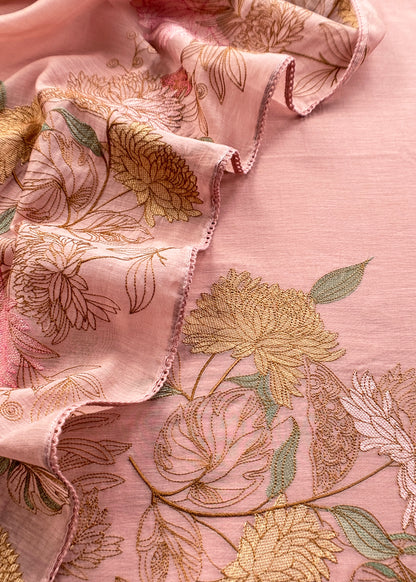 Pastel Peach Handloom Mulmul Unstitched With Cross Stitched Embroidery