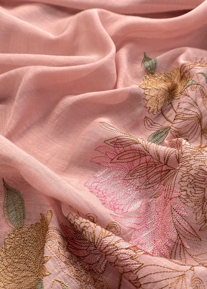 Pastel Peach Handloom Mulmul Unstitched With Cross Stitched Embroidery