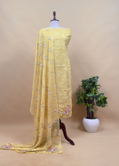 Pink Pure Mulmul Suit Fabric With Floral Resham Embroidery