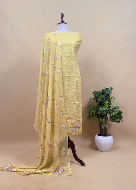 Yellow Pure Mulmul Suit Fabric With Floral Resham Embroidery