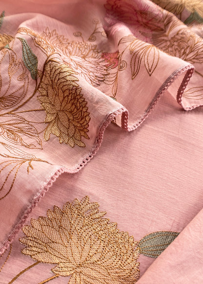 Pastel Peach Handloom Mulmul Unstitched With Cross Stitched Embroidery