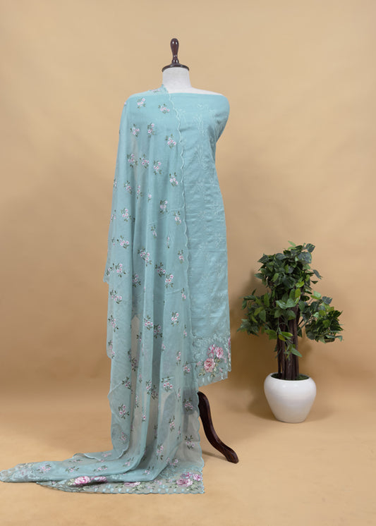 Pastel Blue Pure Mulmul Suit Fabric With Floral Resham Embroidery
