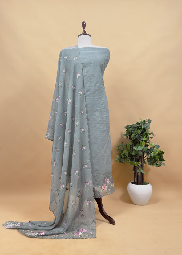 Pastel Blue Pure Mulmul Suit Fabric With Floral Resham Embroidery
