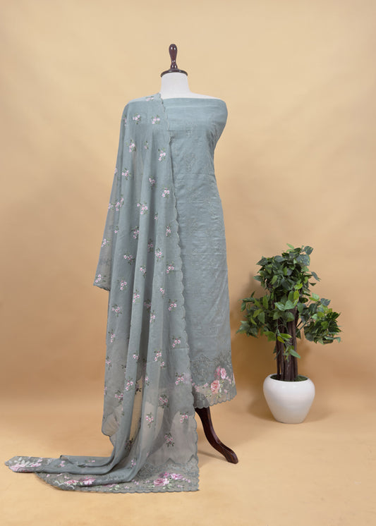 Gray Pure Mulmul Suit Fabric With Floral Resham Embroidery