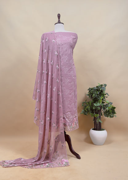 Pink Pure Mulmul Suit Fabric With Floral Resham Embroidery