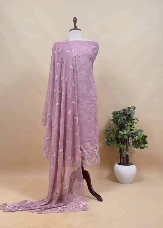 Pink Pure Mulmul Suit Fabric With Floral Resham Embroidery