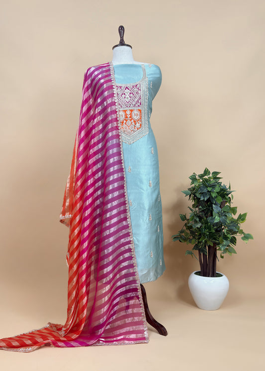 Pearl Blue Handloom Silk Suit with Tissue Silk Dupatta with Dori, Dabka, Zardosi Handwork