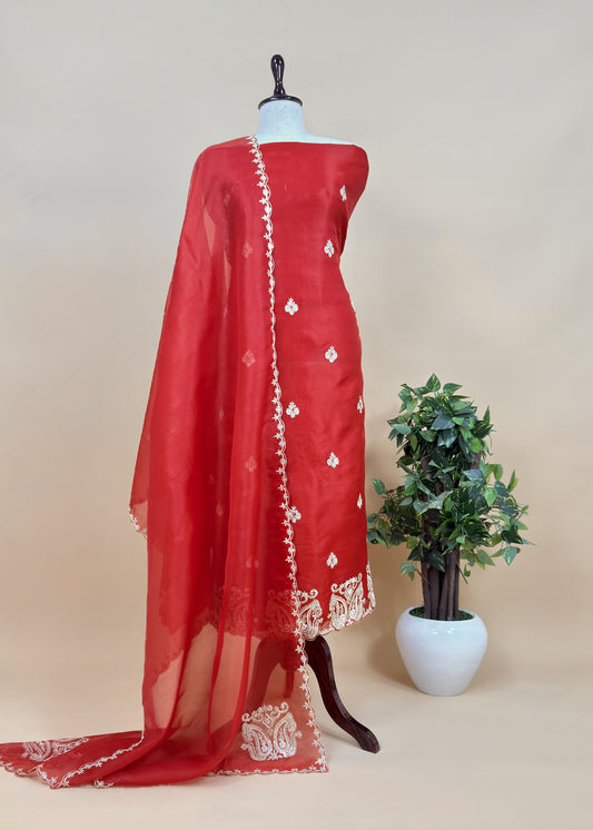 Orange Kora Silk Suit Fabric With Dori And Dabka Embroidery