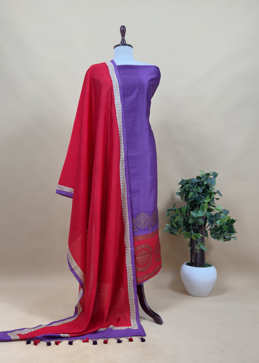 Luxe Violet And Red Designer Handwoven Silk Suit Fabric With Zari Weaving
