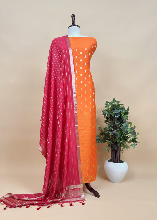 Orange and Red Pure Assamese Silk Suit Fabric With Zari Weaving