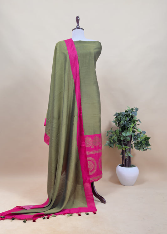 Luxe Pear Green And Pink Designer Handwoven Silk Suit Fabric With Zari Weaving
