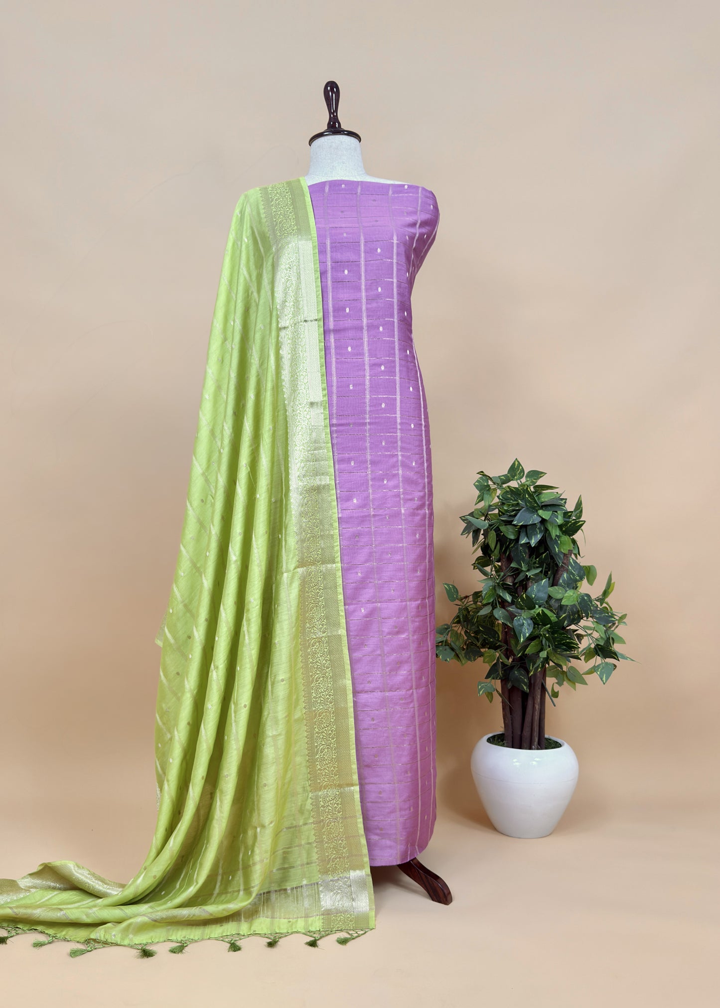 Purple and Lime Green Pure Assamese Silk Suit Fabric Zith Zari Weaving