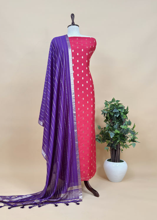 Pink and Purple Pure Assamese Silk Suit Fabric With Zari Weaving