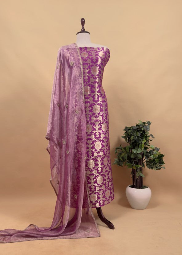 Begum Luxe Orchid Varanasi Brocade Woven Kurta And Handloom Tissue Silk Dupatta With Handwork