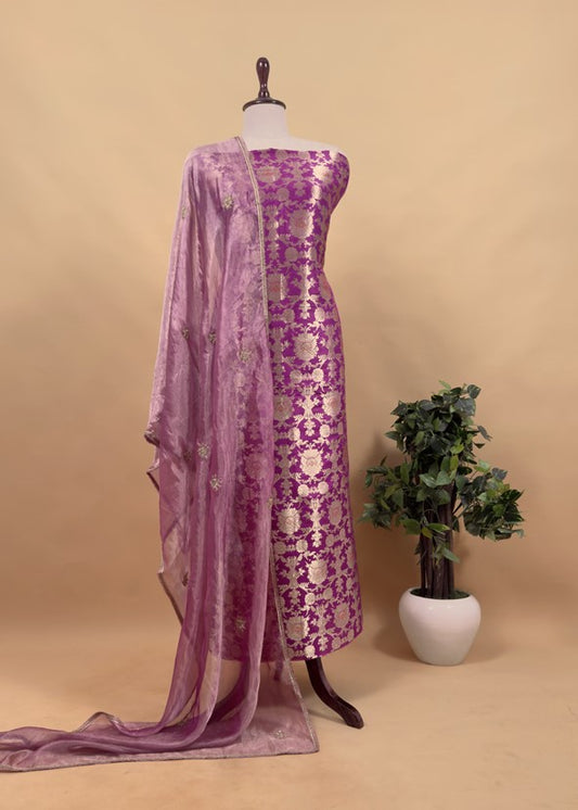 Begum Luxe Orchid Varanasi Brocade Woven Kurta And Handloom Tissue Silk Dupatta With Handwork