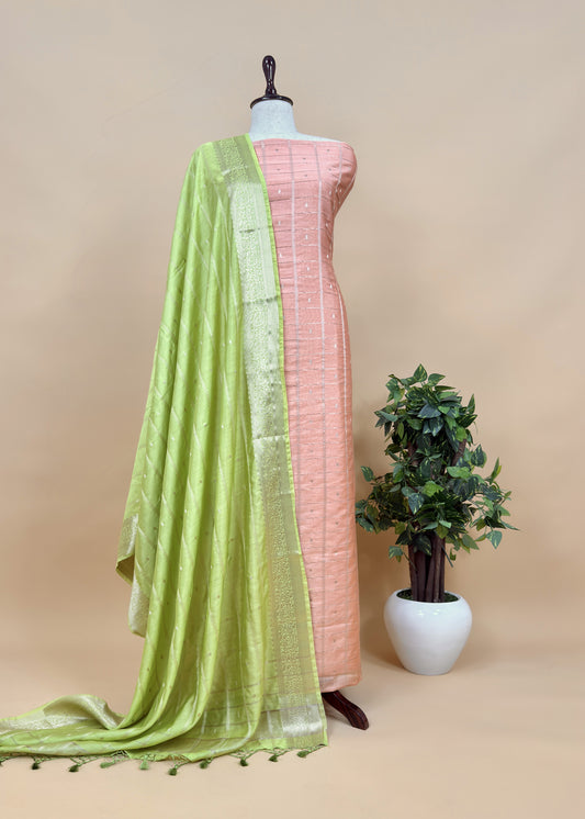 Peach and Lime Green Pure Assamese Silk Suit Fabric With Zari Weaving