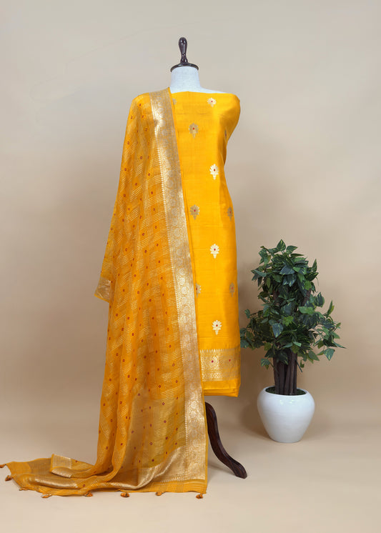 Yellow Handloom Silk Suit With Meenakari Dupatta