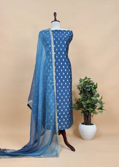 Zephyr Blue Pure Varanasi Silk Woven Kurta And Kora Silk Dupatta