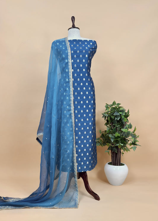 Zephyr Blue Pure Varanasi Silk Woven Kurta And Kora Silk Dupatta