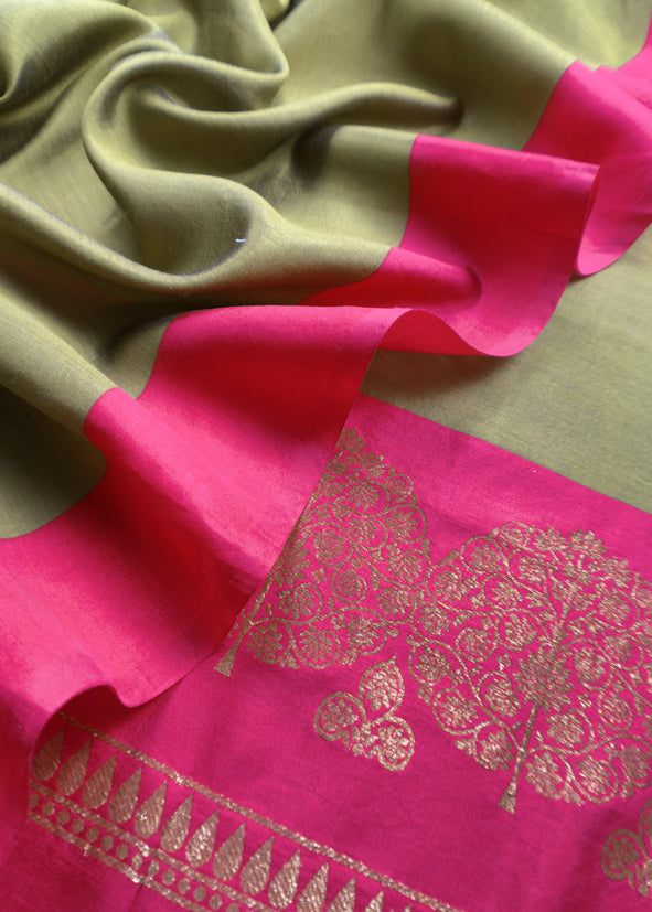 Luxe Pear Green And Pink Designer Handwoven Silk Suit Fabric With Zari Weaving