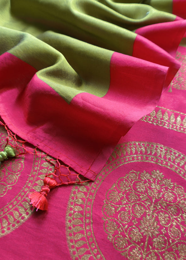 Luxe Pear Green And Pink Designer Handwoven Silk Suit Fabric With Zari Weaving