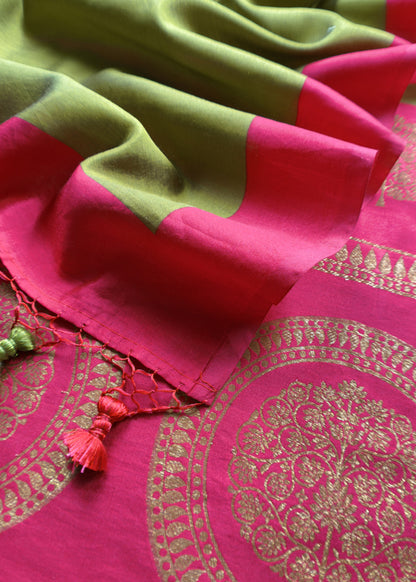 Luxe Pear Green And Pink Designer Handwoven Silk Suit Fabric With Zari Weaving