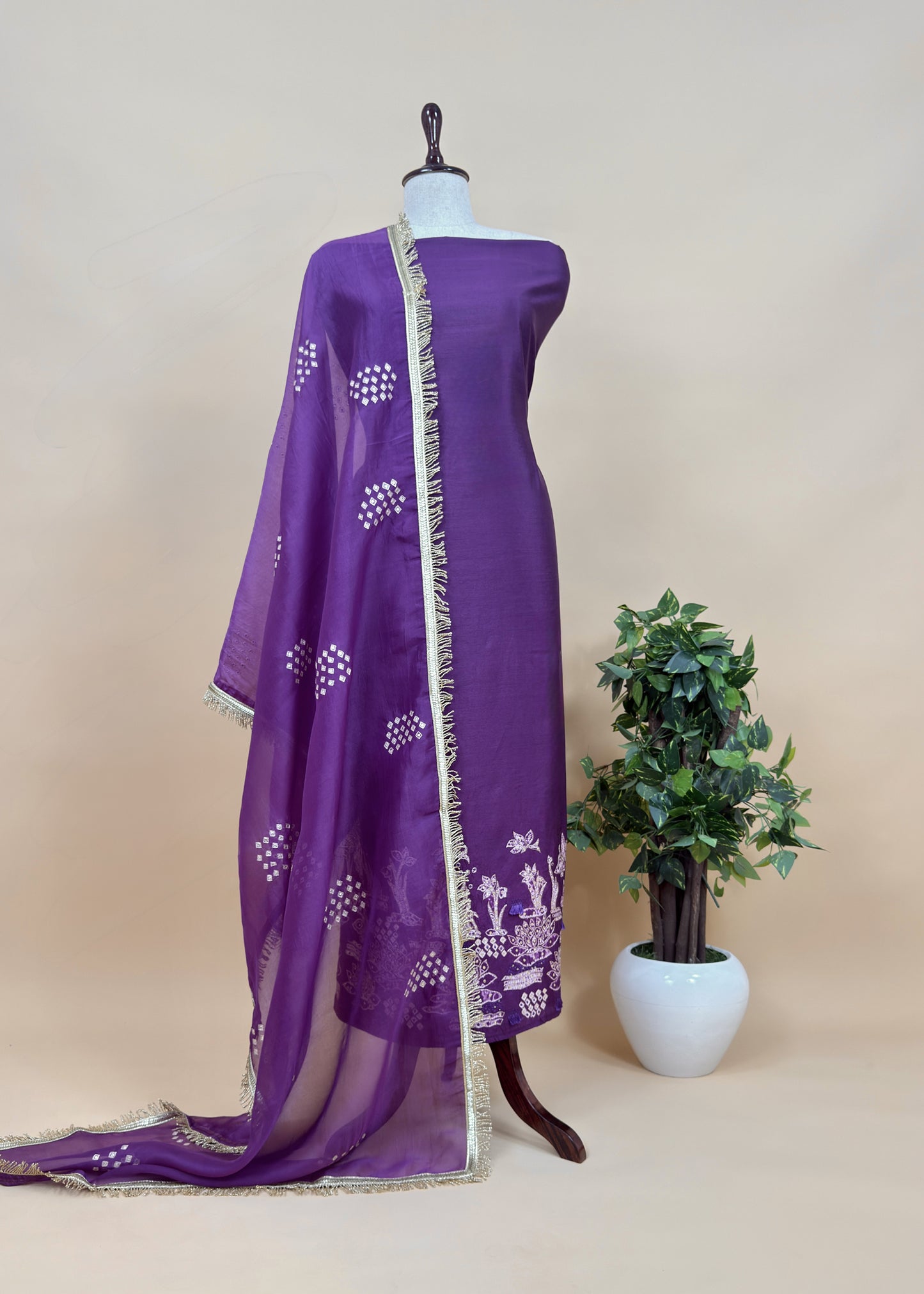 Purple Pure Chiniya Silk Kurta and Tissue Silk dupatta with Handwork