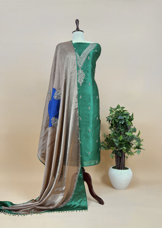Green Handloom Silk Kurta And Tissue Silk Dupatta With Dori Dabka Handwork