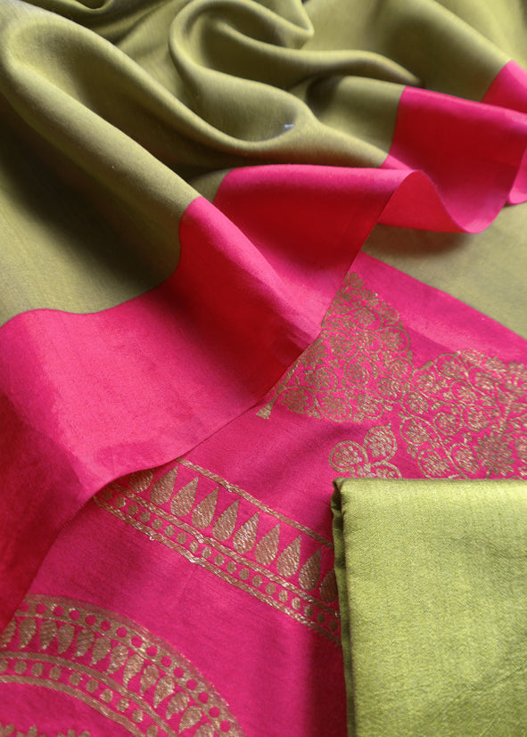 Luxe Pear Green And Pink Designer Handwoven Silk Suit Fabric With Zari Weaving