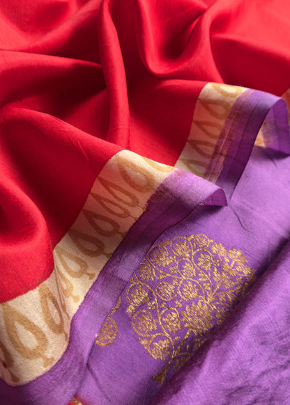 Luxe Violet And Red Designer Handwoven Silk Suit Fabric With Zari Weaving