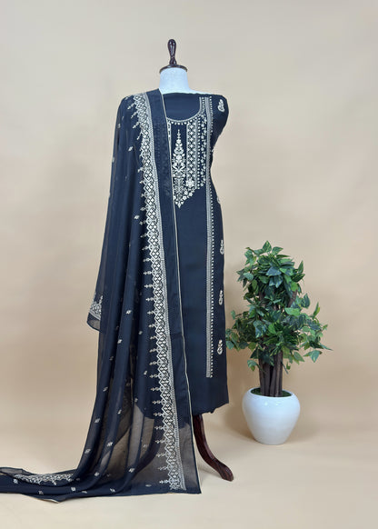Black Pure Mulmul Lakhnavi Chikan Embroided Suit Fabric