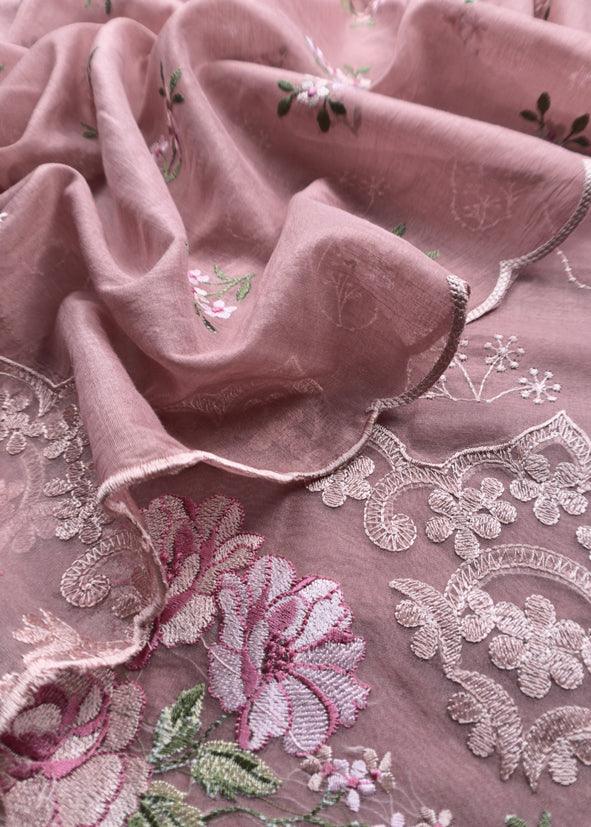 Pink Pure Mulmul Suit Fabric With Floral Resham Embroidery