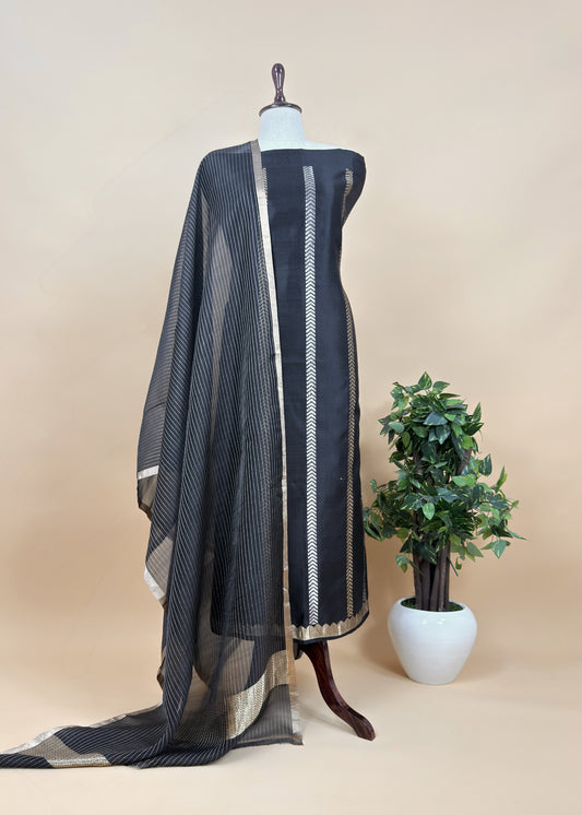 Black Handloom Silk Unstitched Suit With Zari Weaving