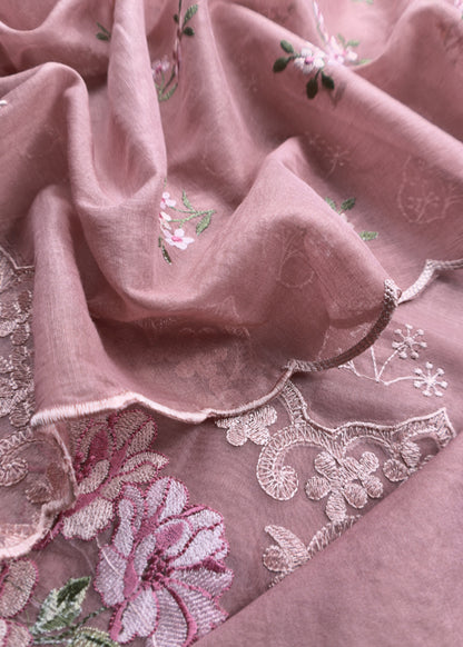 Pink Pure Mulmul Suit Fabric With Floral Resham Embroidery
