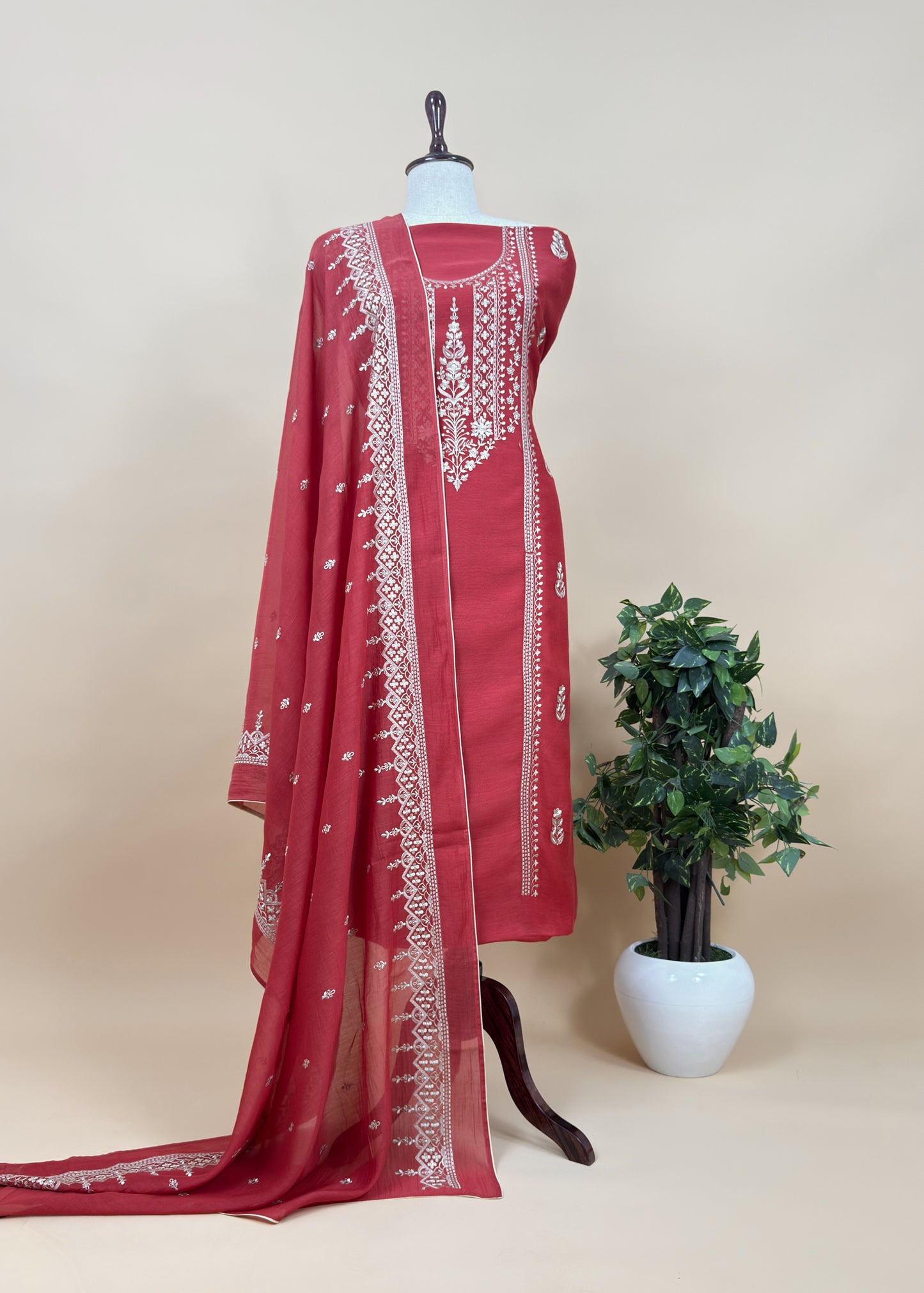 Brick Red Pure Mulmul Lakhnavi Chikan Embroided Suit Fabric