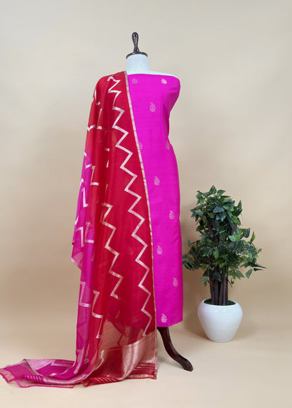 Pink Handloom Silk Kurta and Ombré Kora Silk Dupatta with Meenakari Weaving
