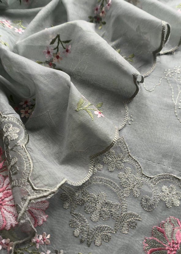 Gray Pure Mulmul Suit Fabric With Floral Resham Embroidery