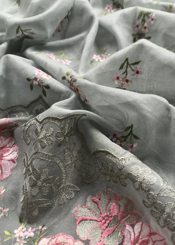 Gray Pure Mulmul Suit Fabric With Floral Resham Embroidery