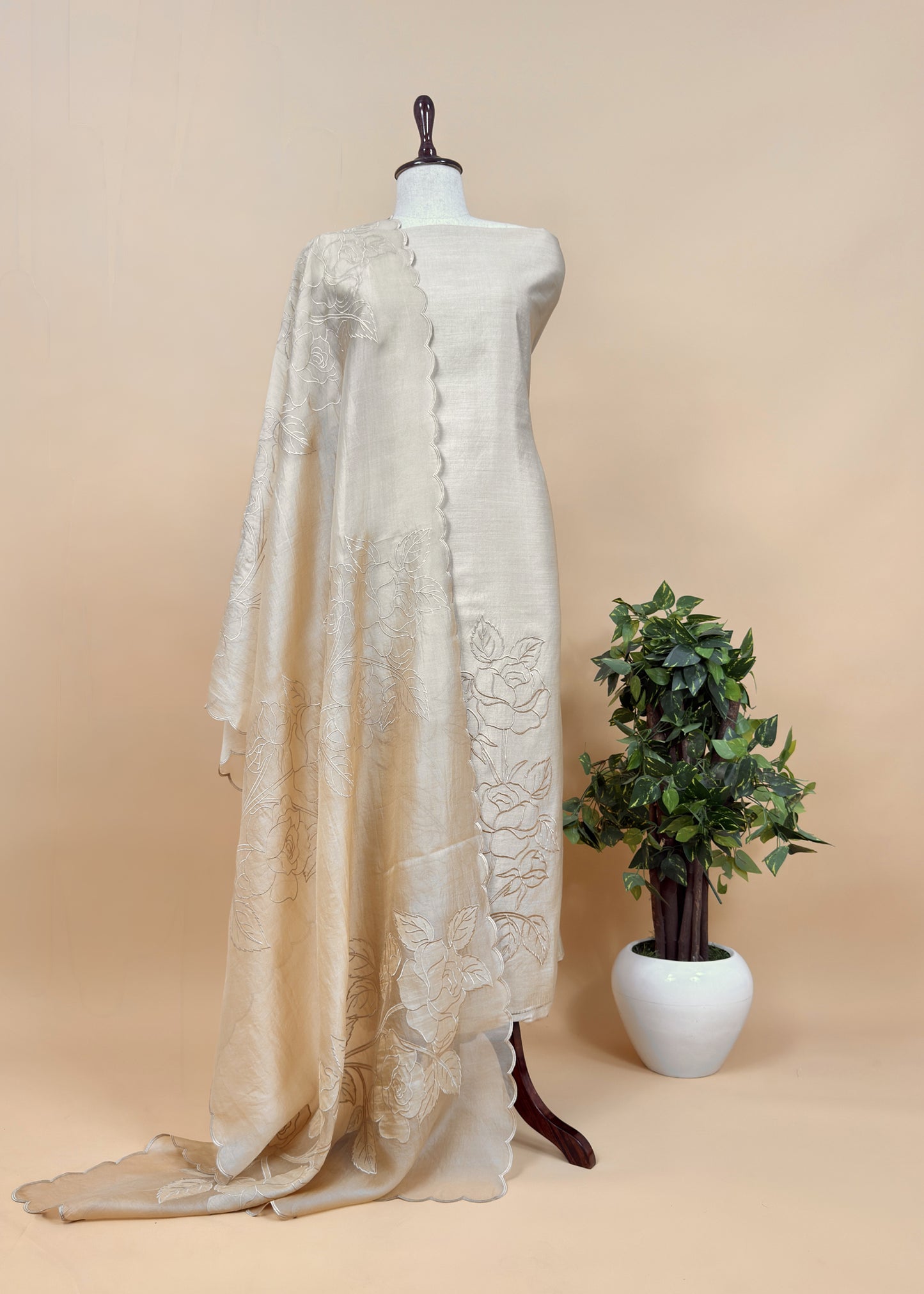Beige French Roses Pure Silk Kurta And Kora Silk Dupatta With Appliqué Work