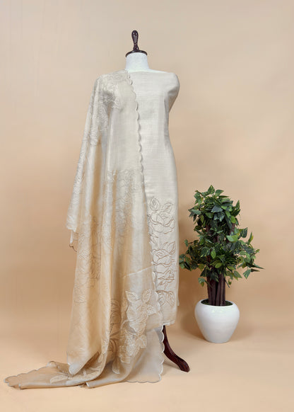 Beige French Roses Pure Silk Kurta And Kora Silk Dupatta With Appliqué Work