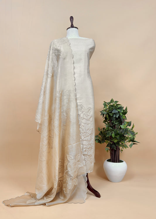 Beige French Roses Pure Silk Kurta And Kora Silk Dupatta With Appliqué Work