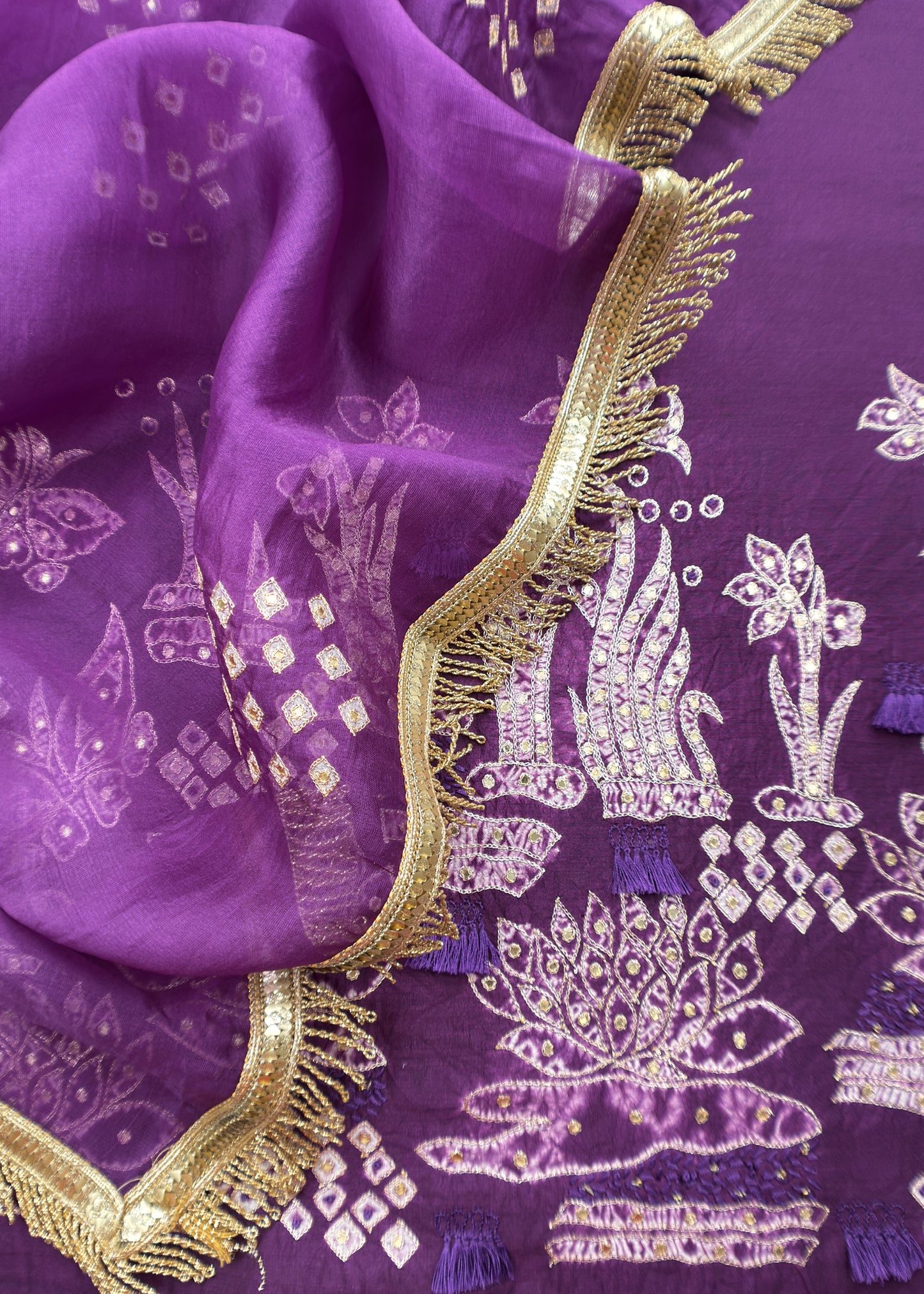 Purple Pure Chiniya Silk Kurta and Tissue Silk dupatta with Handwork