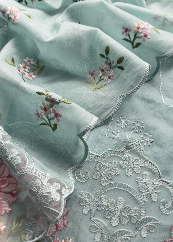 Pastel Blue Pure Mulmul Suit Fabric With Floral Resham Embroidery