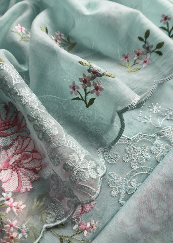 Pastel Blue Pure Mulmul Suit Fabric With Floral Resham Embroidery