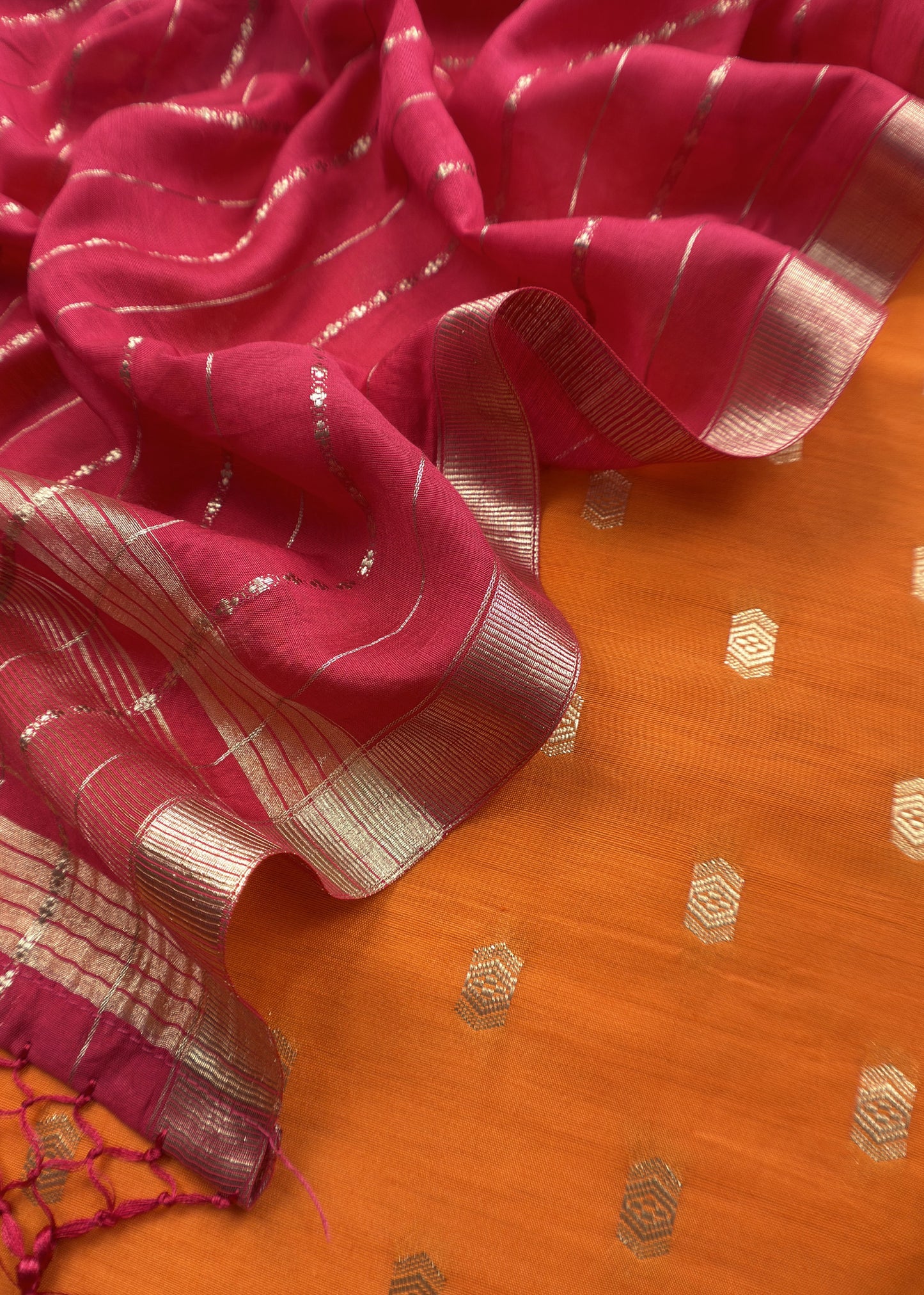 Orange and Red Pure Assamese Silk Suit Fabric With Zari Weaving