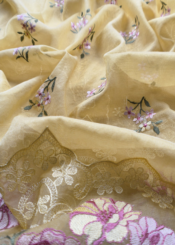 Yellow Pure Mulmul Suit Fabric With Floral Resham Embroidery