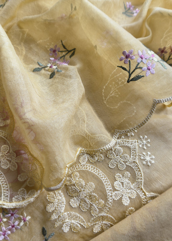 Yellow Pure Mulmul Suit Fabric With Floral Resham Embroidery