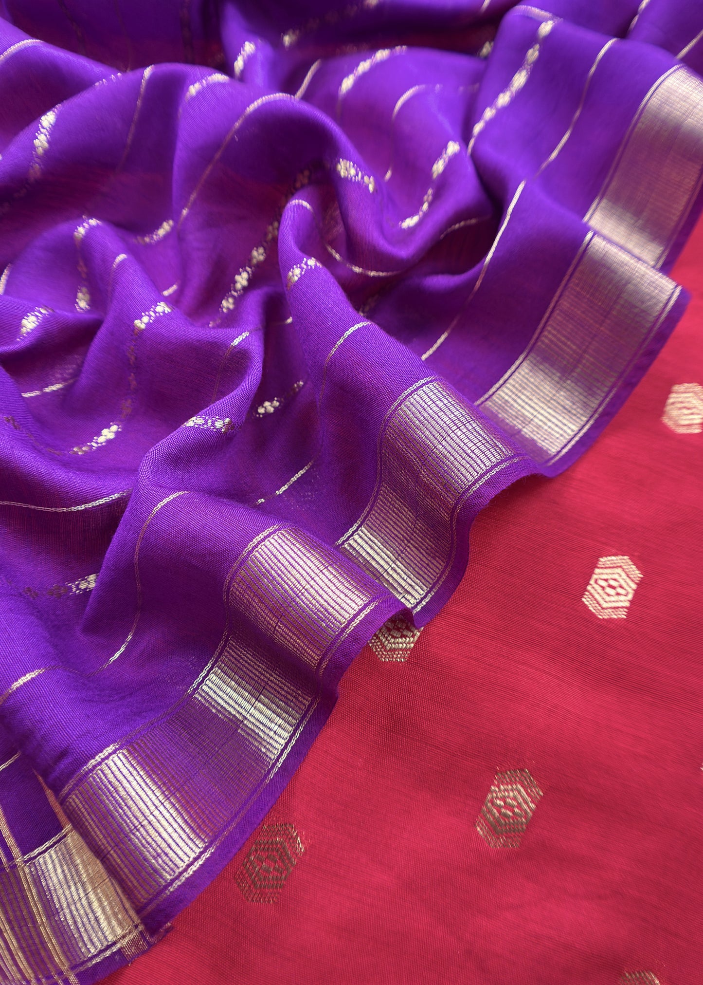Pink and Purple Pure Assamese Silk Suit Fabric With Zari Weaving